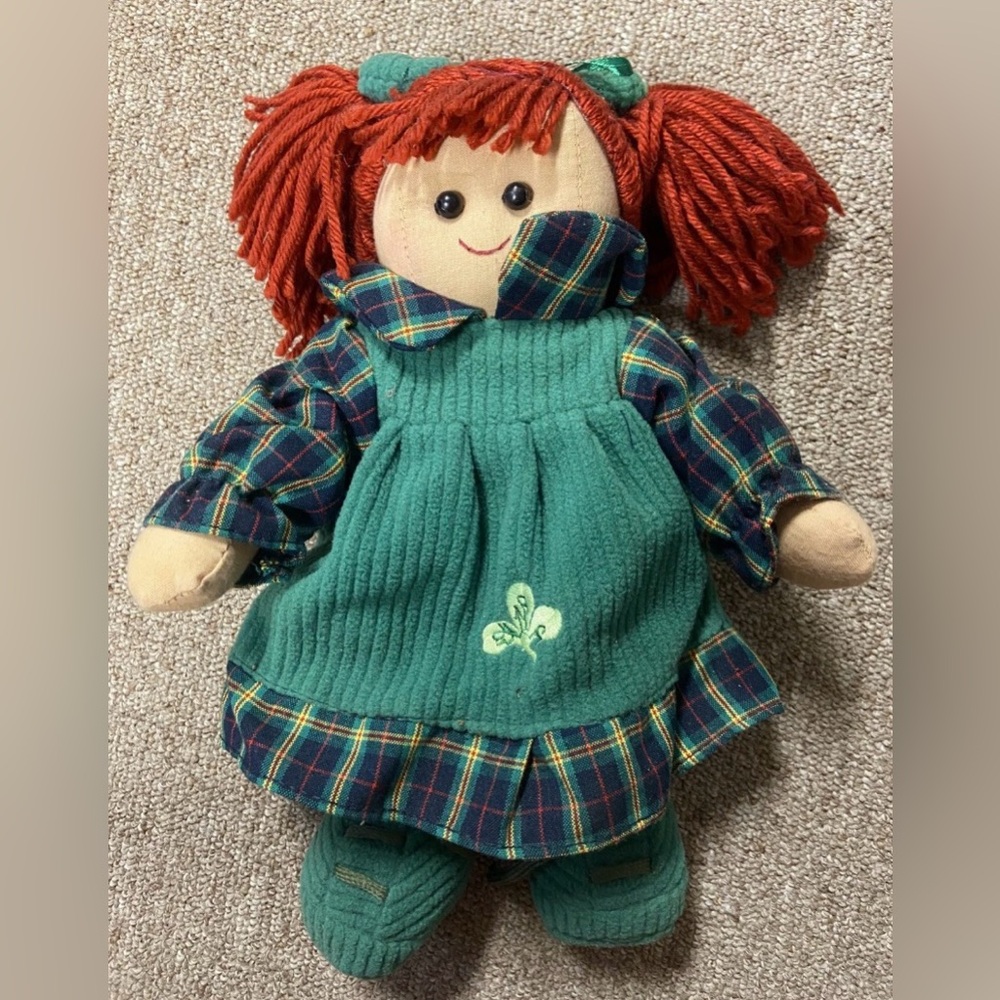 Vintage Irish Rag Doll St Patricks Day Plush Green Shamrock Redhead 11.5”